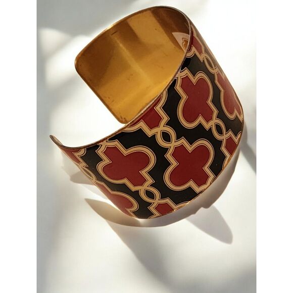 Mudpie Red & Black Geometric Cuff Bracelet โ Gold Tone Wide Enamel Adjustable - Picture 3 of 6
